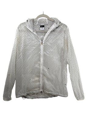 Nike Running Womens Rain Jacket Sz L Clear/Black Polka Dot Pockets Full Zip Logo